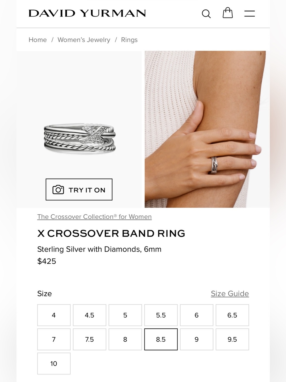 DAVID YURMAN Sterling Silver and Diamonds X Crossover Braided Ring - Picture 3 of 8
